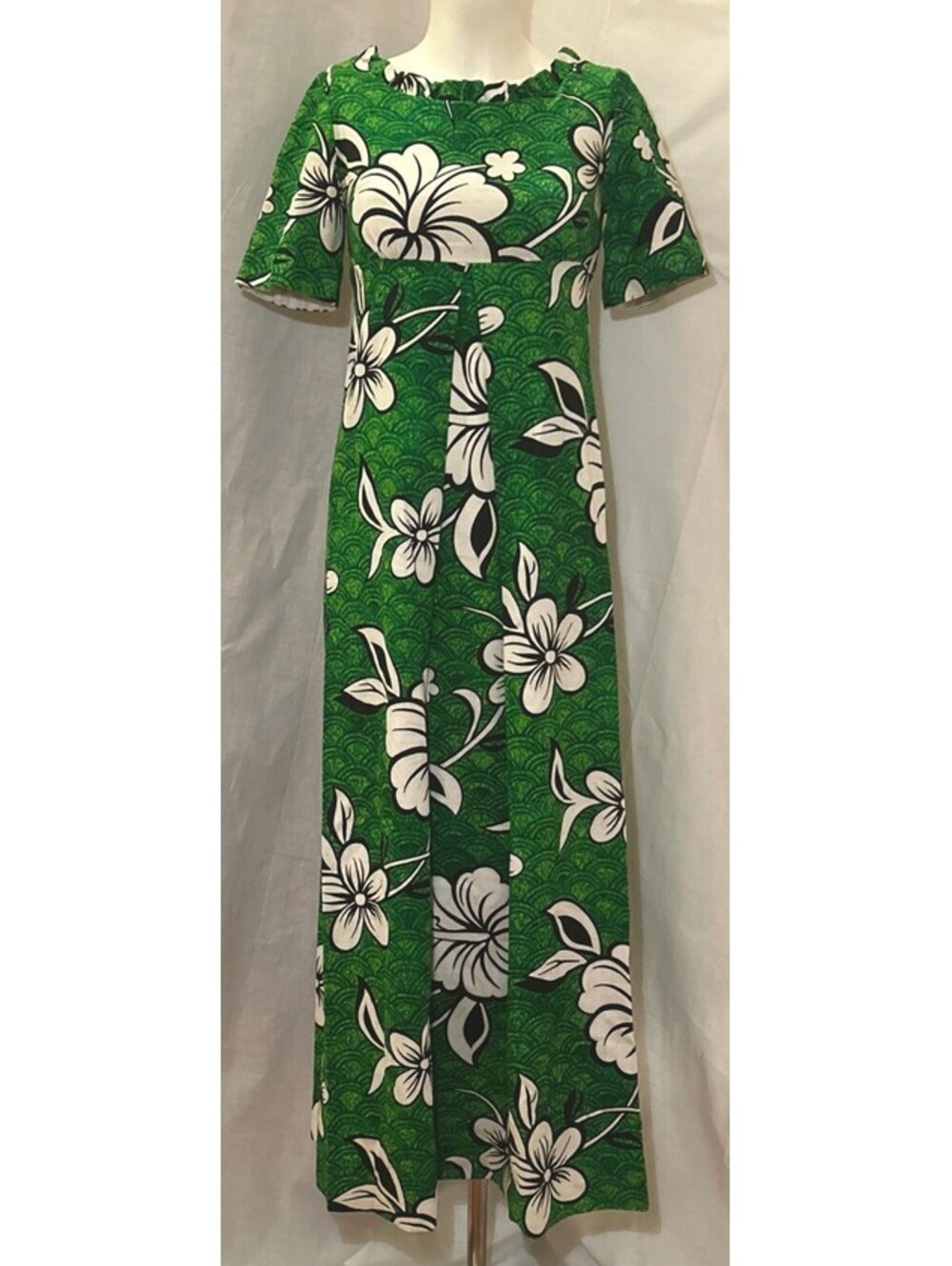 VTG 60s Hawaiian Aloha Green Barkcloth Tiki Tropical Floral Maxi Dress SZ  XS